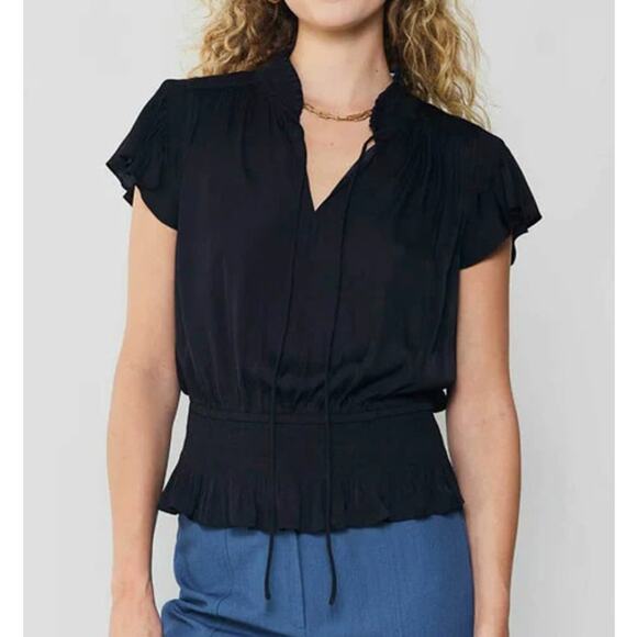 Current Air Los Angeles V-Neck Flutter Sleeve Smocking Waist Blouse Black Small - Picture 1 of 7